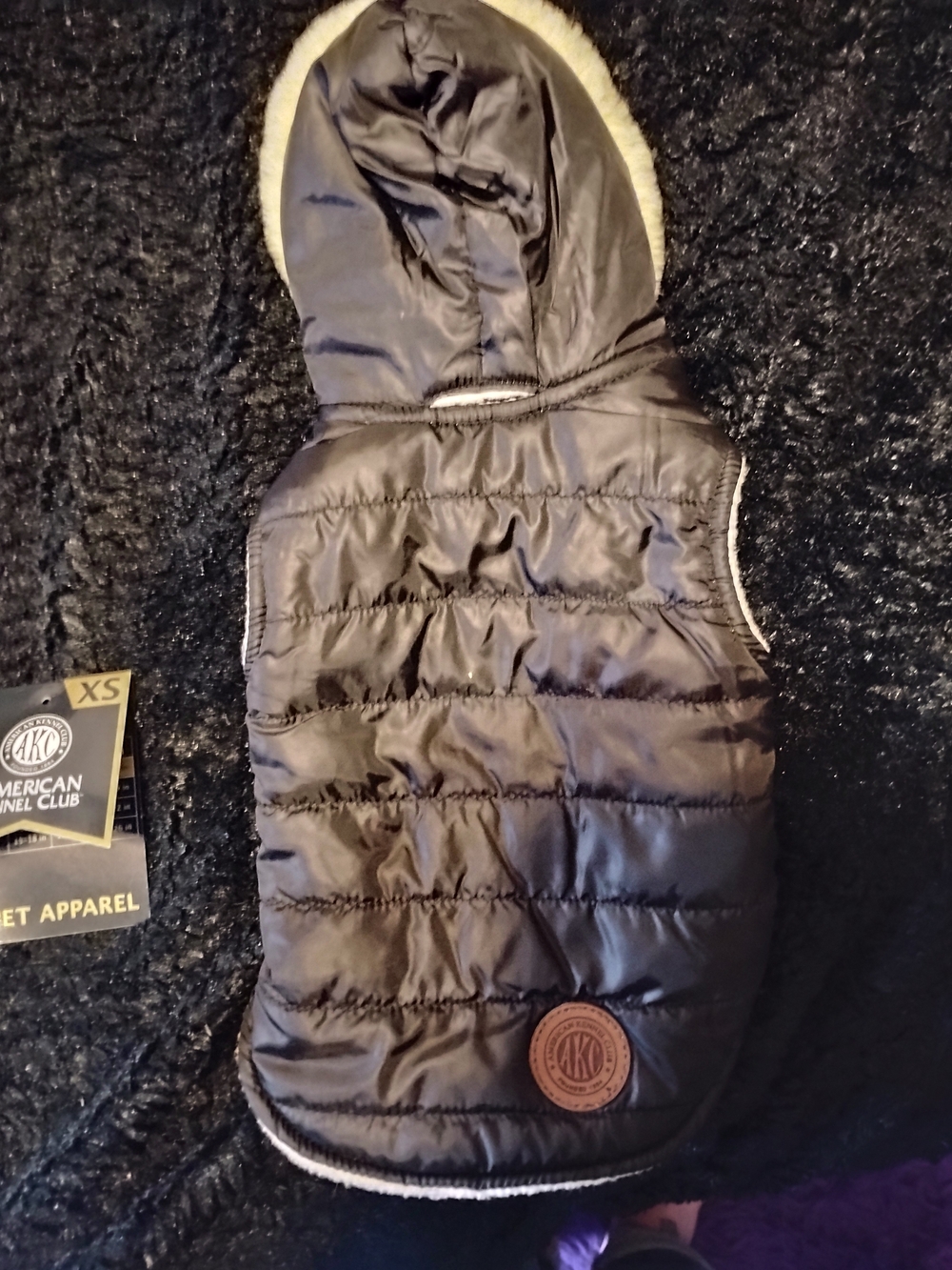 AKC Black Quilted Dog Puffer Vest with Faux-Fur Hood